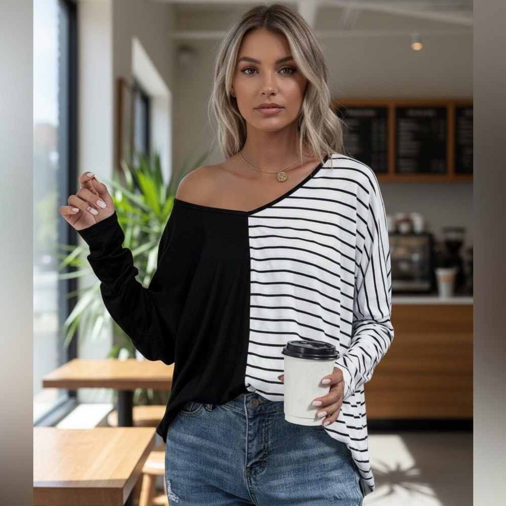 NEW•L-XL•TCB•Minimalist Chic Black & White Modern Style Statement Top